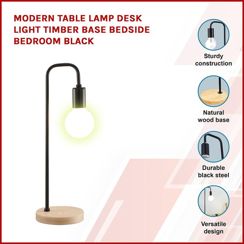 Modern Black Table Lamp Desk Light Timber Base Bedside Bedroom