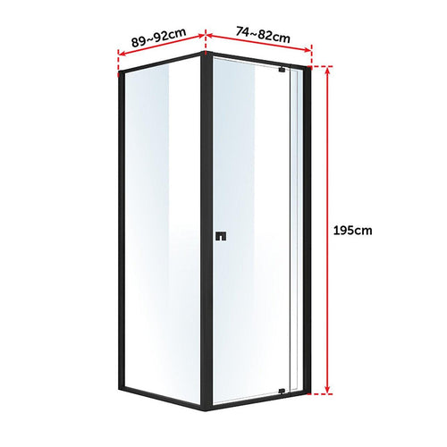 Front: (74~82) x 195cm Adjustable Semi Frameless Shower Screen in Black Side: (89~92) x 195cm
