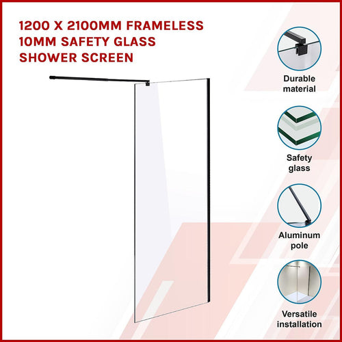 120 x 210cm Frameless 10mm Safety Glass Shower Screen in Round Black