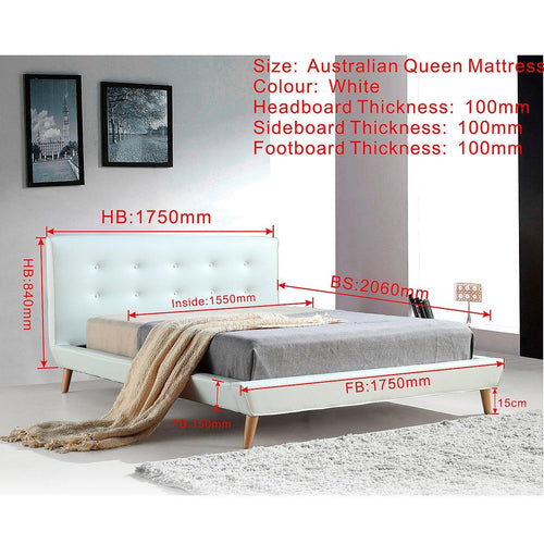 Queen PU Leather Deluxe Bed Frame - White