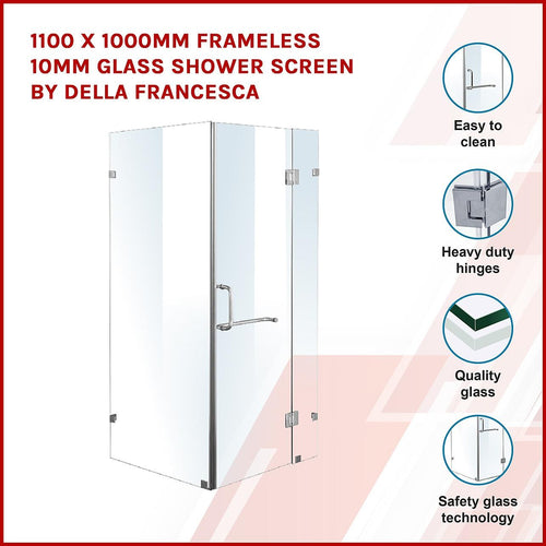110 x 100cm Frameless 10mm Glass Shower Screen By Della Francesca CHROME Hardware, ROUND Handle