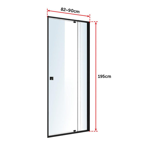 Front: (82~90) x 195cm Adjustable Semi Frameless Shower Screen in Black No Side Return