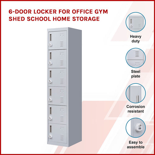 6-Door Grey Metal Locker Cabinet – Vertical Storage with 3-Digit Combination Lock for Office, School