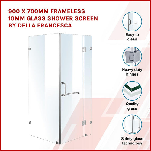 90 x 70cm Frameless 10mm Glass Shower Screen By Della Francesca CHROME Hardware, ROUND Handle