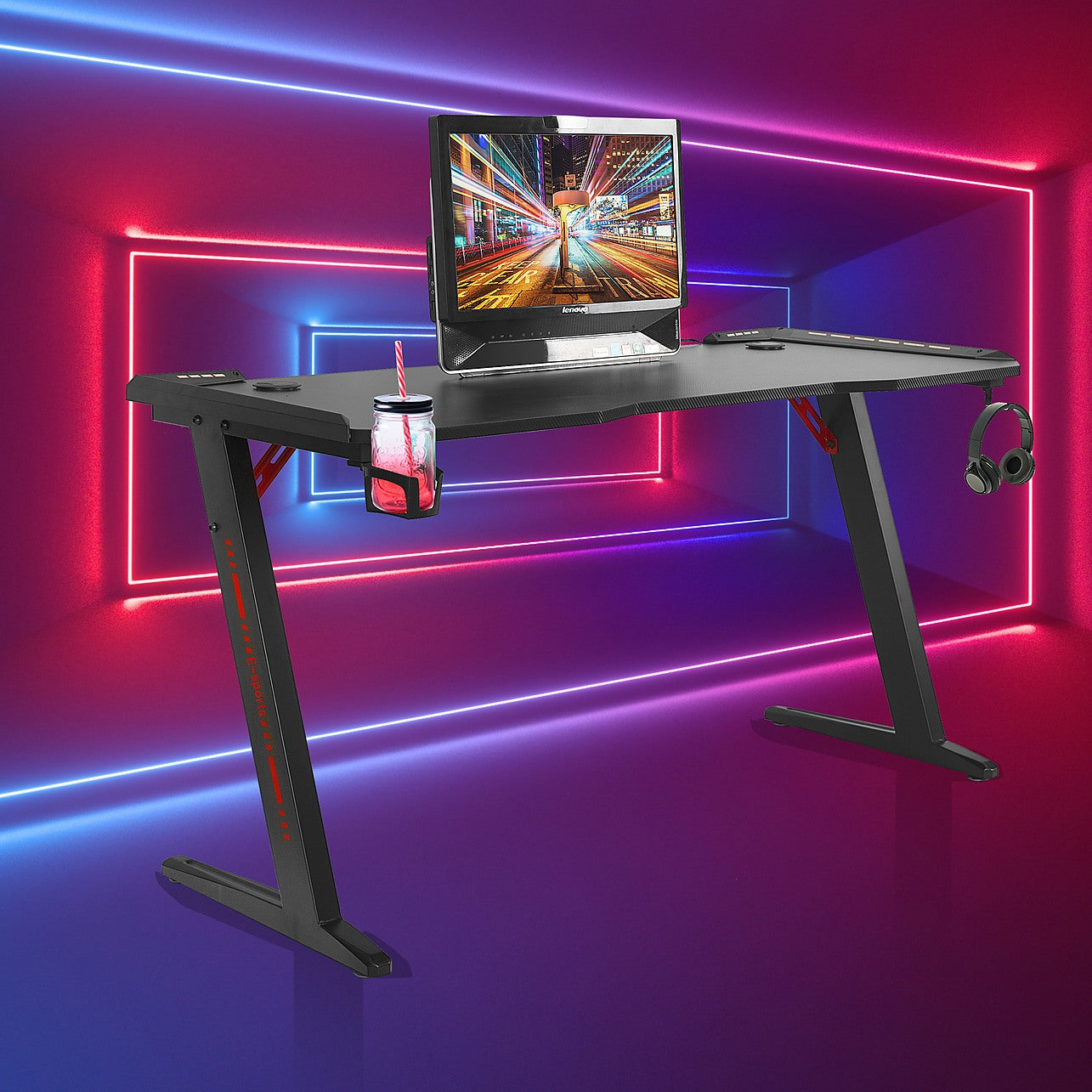 LED Gaming Desk Computer Table with Cup Holder Headphone Hook