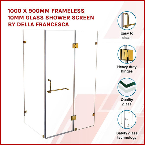 100 x 90cm Frameless 10mm Glass Shower Screen By Della Francesca GOLD Hardware, SQUARE Handle