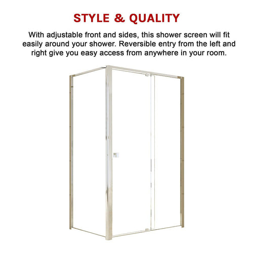 Front: (114~122) x 195cm Adjustable Semi Frameless Shower Screen in Chrome Side: (98~101) x 195cm