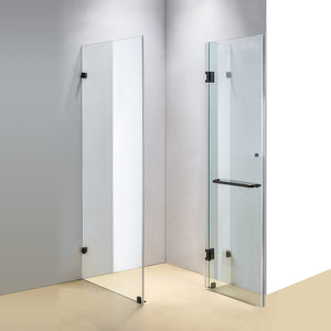 100 x 70cm Frameless 10mm Glass Shower Screen By Della Francesca BLACK Hardware, ROUND Handle