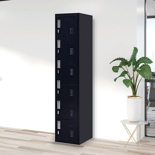 6-Door Black Metal Locker Cabinet – Vertical Storage with Padlock-operated for Office, School