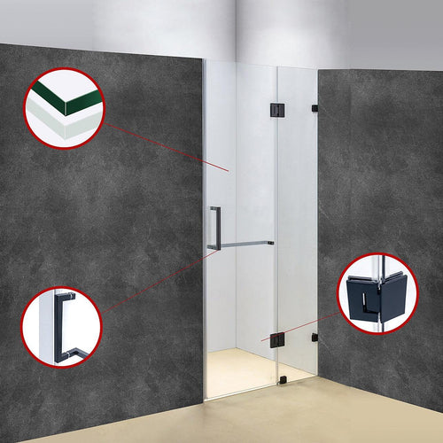 100 x 200cm Wall to Wall Frameless Shower Screen in Black Hardware, Square Handle