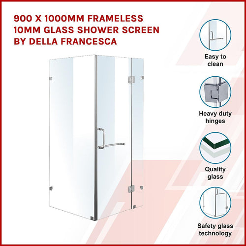 90 x 100cm Frameless 10mm Glass Shower Screen By Della Francesca CHROME Hardware, ROUND Handle