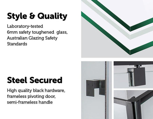 Front: (114~122) x 195cm Adjustable Semi Frameless Shower Screen in Black Side: (89~92) x 195cm