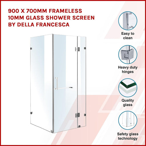 90 x 70cm Frameless 10mm Glass Shower Screen By Della Francesca CHROME Hardware,SQUARE Handle