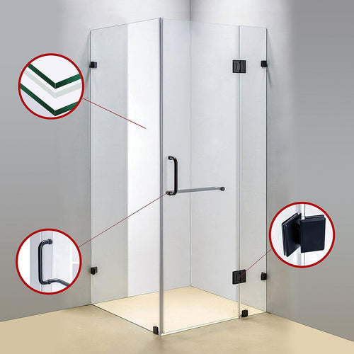 90 x 90cm Frameless 10mm Glass Shower Screen By Della Francesca BLACK Hardware, ROUND Handle