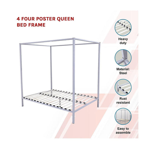 4 Four Poster Queen Bed Frame - Cream