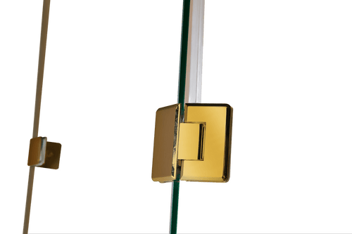 900 x 900mm Frameless 10mm Glass Shower Screen By Della Francesca Gold Hardware, Round Handle