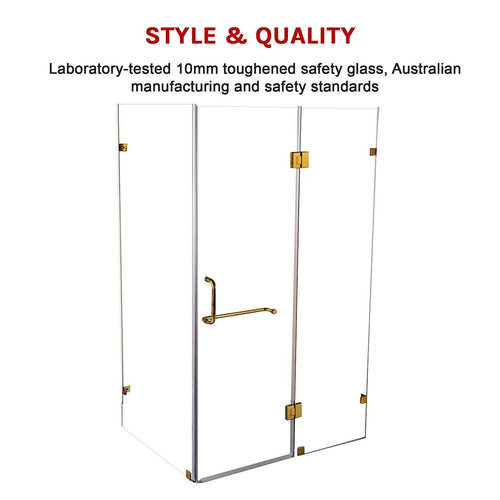 110 x 90cm Frameless 10mm Glass Shower Screen By Della Francesca GOLD Hardware, SQUARE Handle