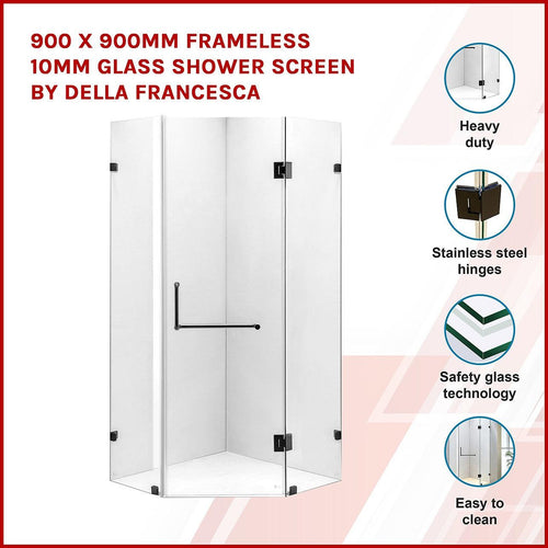 900 x 900mm Frameless 10mm Glass Shower Screen By Della Francesca Black Hardware, Round Handle