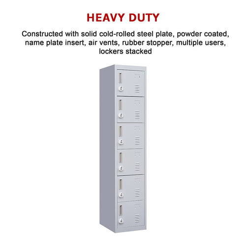 6-Door Grey Metal Locker Cabinet – Vertical Storage with 3-Digit Combination Lock for Office, School