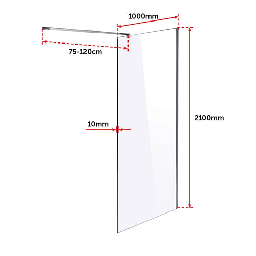 100 x 210cm Frameless 10mm Safety Glass Shower Screen in Square CHROME