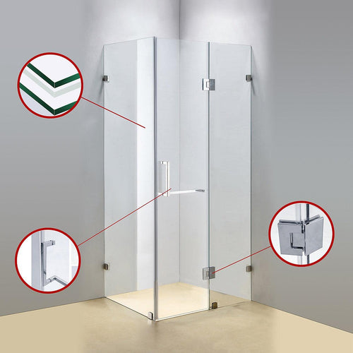 90 x 80cm Frameless 10mm Glass Shower Screen By Della Francesca CHROME Hardware,SQUARE Handle