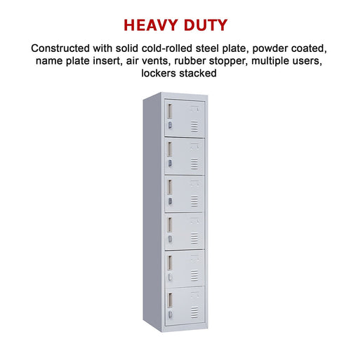 6-Door Grey Metal Locker Cabinet – Vertical Storage with Padlock-operated for Office, School