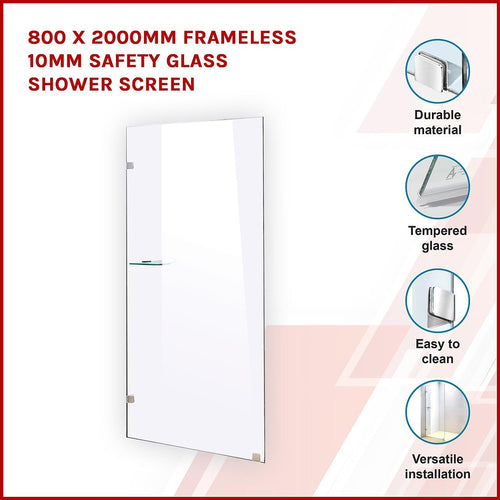 80 x 200cm Frameless 10mm Safety Glass Shower Screen CHROME