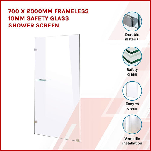 70 x 200cm Frameless 10mm Safety Glass Shower Screen Nickel Finish