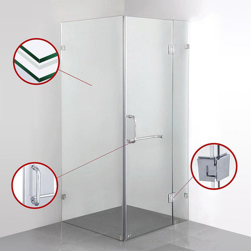 90 x 70cm Frameless 10mm Glass Shower Screen By Della Francesca CHROME Hardware, ROUND Handle