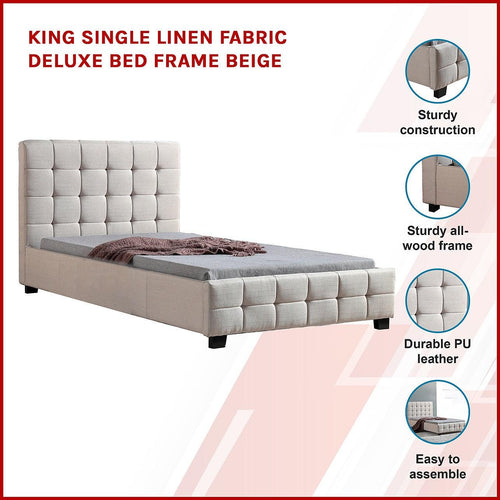 King Single Beige Linen Fabric Deluxe Bed Frame