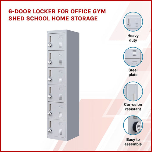 6-Door Grey Metal Locker Cabinet – Vertical Storage with 4-Digit Combination Lock for Office, School