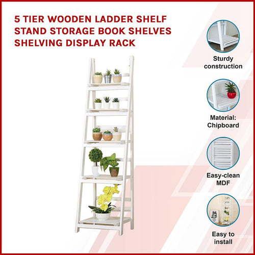 5 Tier Wooden Ladder Shelf Stand Storage Book Display Rack - White