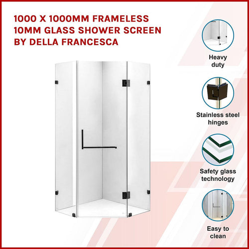 1000 x 1000mm Frameless 10mm Glass Shower Screen By Della Francesca Black Hardware, Square Handle