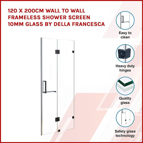 120 x 200cm Wall to Wall Frameless Shower Screen in Black Hardware, Square Handle