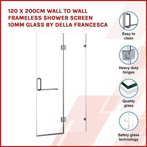 120 x 200cm Wall to Wall Frameless Shower Screen in Nickel Hardware, Round Handle