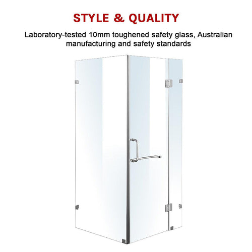 90 x 80cm Frameless 10mm Glass Shower Screen By Della Francesca CHROME Hardware, ROUND Handle