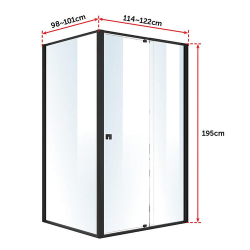 Front: (114~122) x 195cm Adjustable Semi Frameless Shower Screen in Black Side: (98~101) x 195cm