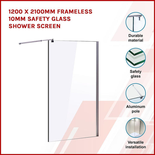 120 x 210cm Frameless 10mm Safety Glass Shower Screen in Round CHROME