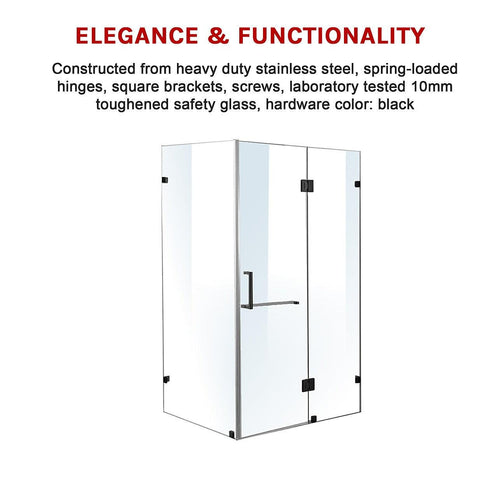 120 x 100cm Frameless 10mm Glass Shower Screen By Della Francesca BLACK Hardware, SQUARE Handle