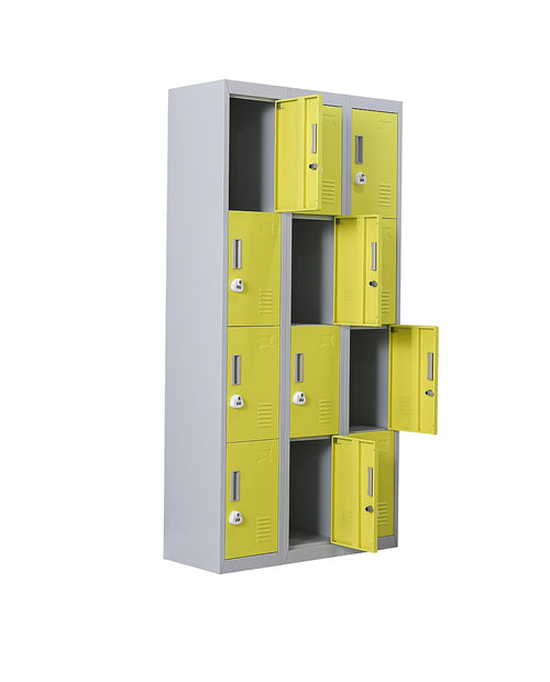 12-Door Locker – Grey with Yellow Door with 3-Digit Combination Lock | Secure Storage for Office, Gym or School Use