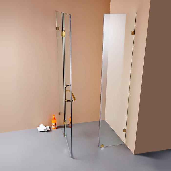 Frameless 10mm Glass Shower Screen - 900 x 900mm - Gold Hardware, Round Handle