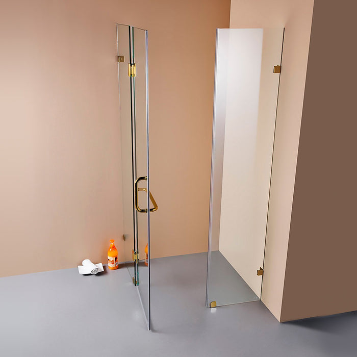 900 x 900mm Frameless 10mm Glass Shower Screen By Della Francesca Gold Hardware, Round Handle