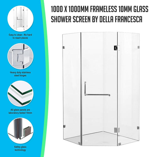 1000 x 1000mm Frameless 10mm Glass Shower Screen By Della Francesca CHROME Hardware, Round Handle