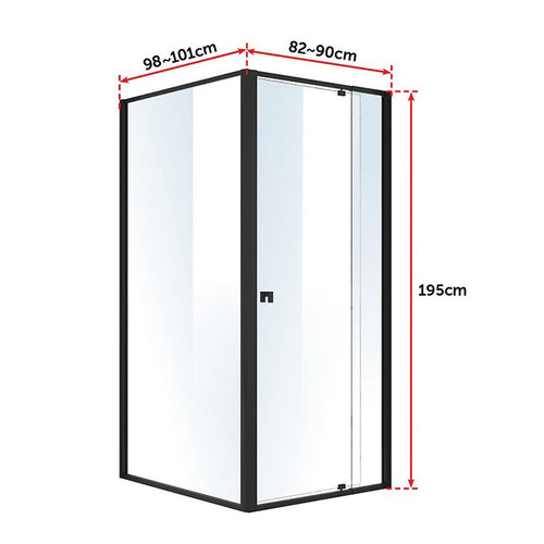 Front: (82~90) x 195cm Adjustable Semi Frameless Shower Screen in Black Side: (98~101) x 195cm
