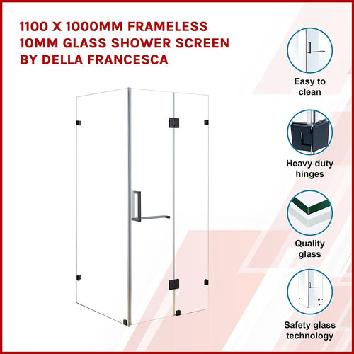 110 x 100cm Frameless 10mm Glass Shower Screen By Della Francesca BLACK Hardware, SQUARE Handle