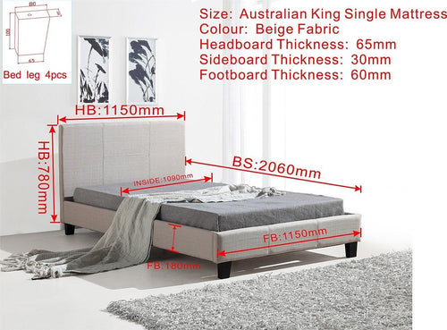 King Single Bed Frame Beige Linen Fabric