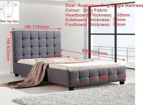 King Single Grey Linen Fabric Deluxe Bed Frame