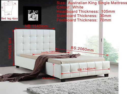 King Single White PU Leather Deluxe Bed Frame