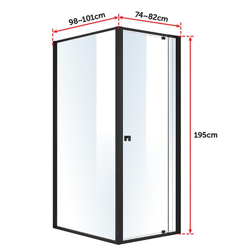 Front: (74~82) x 195cm Adjustable Semi Frameless Shower Screen in Black Side: (98~101) x 195cm