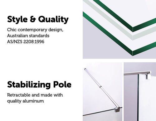 100 x 200cm Frameless 10mm Safety Glass Shower Screen in Round Chrome